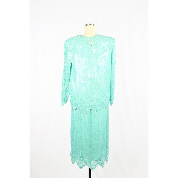 Vintage 90's SAKS FIFTH AVENUE Turquoise Beaded Sequin Blouse Skirt Set, Size M - Picture 3 of 16